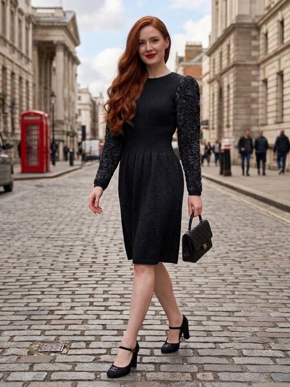 Vintage St. John Collection Marie Gray Ruffle black sweater dress fits like Med